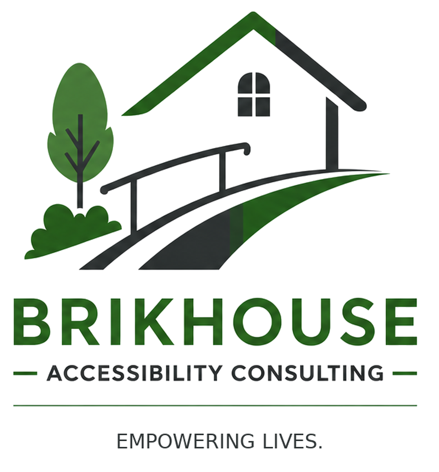 Brikhouse Accessibility Consulting logo: a house with a ramp leading to the front door beside a tree, with the tagline Empowering lives.